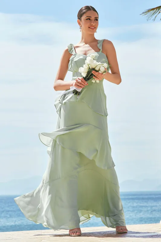 Light Green Chiffon A-Line Square Neck Tiered Long Bridesmaid Dress sold by Wedtrend