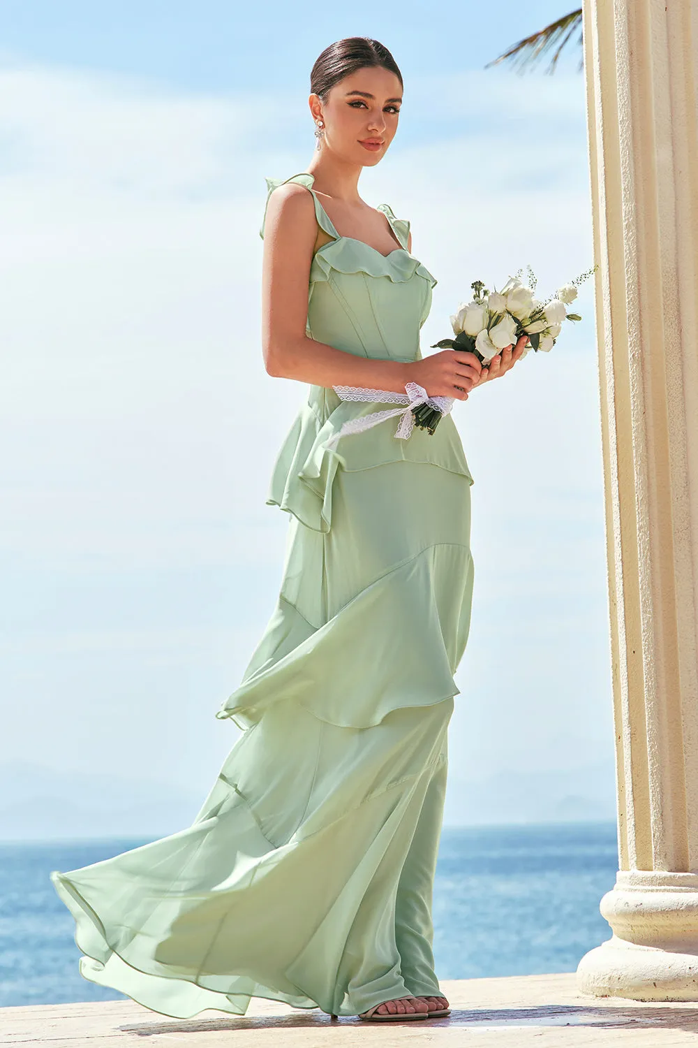 Light Green Chiffon A-Line Square Neck Tiered Long Bridesmaid Dress sold by Wedtrend product image thumbnail 3