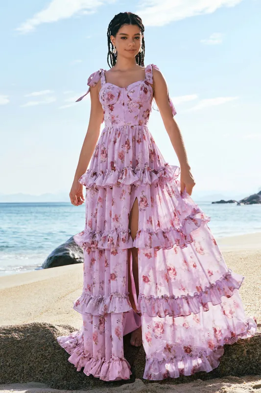 Grey Purple A-Line Lace Up Back Tiered Floral Bridesmaid Dress with Slit sold by Wedtrend