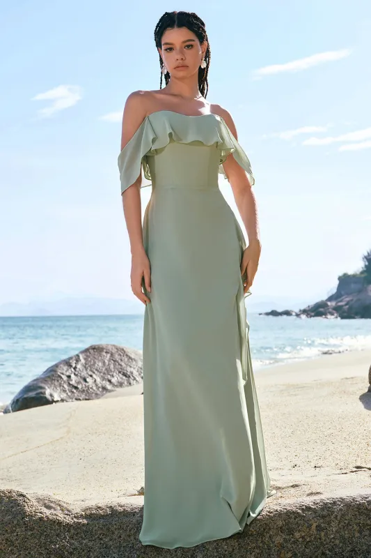 Light Green Sheath Strapless Chiffon Floor Length Bridesmaid Dress with Ruffle Slit sold by Wedtrend