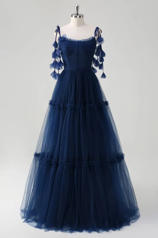 Navy A-Line Spaghetti Straps Corset Tulle Long Bridesmaid Dress made by Wedtrend