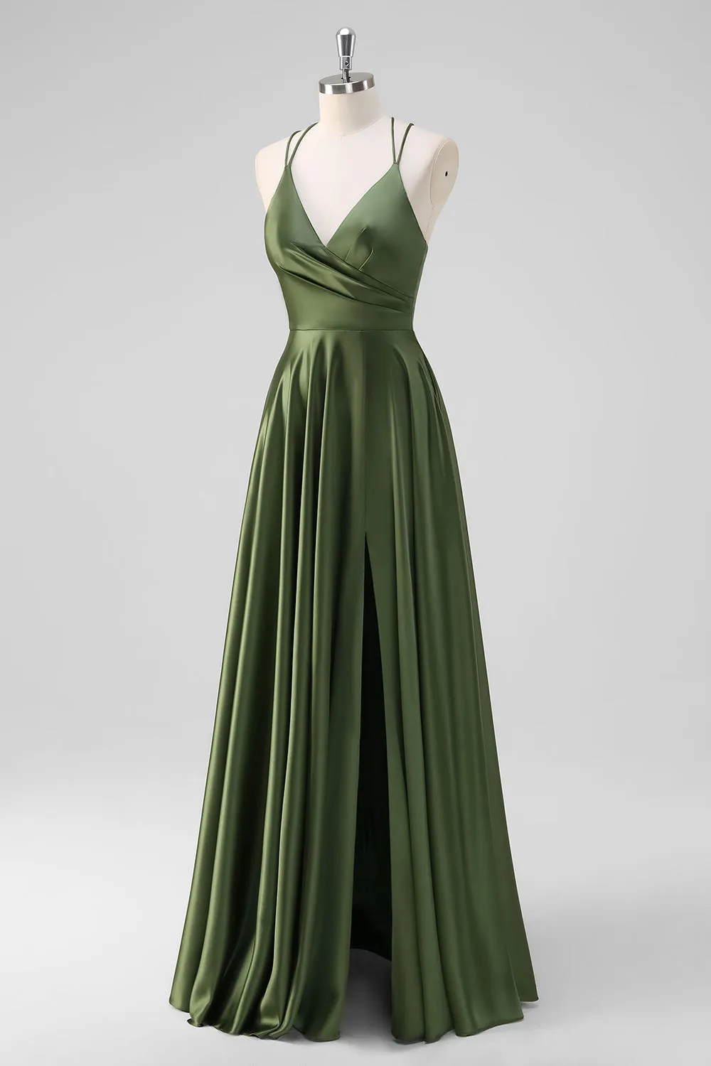 Olive A-Line Spaghetti Straps Ruched Satin Long Bridesmaid Dress sold by Wedtrend product image thumbnail 3