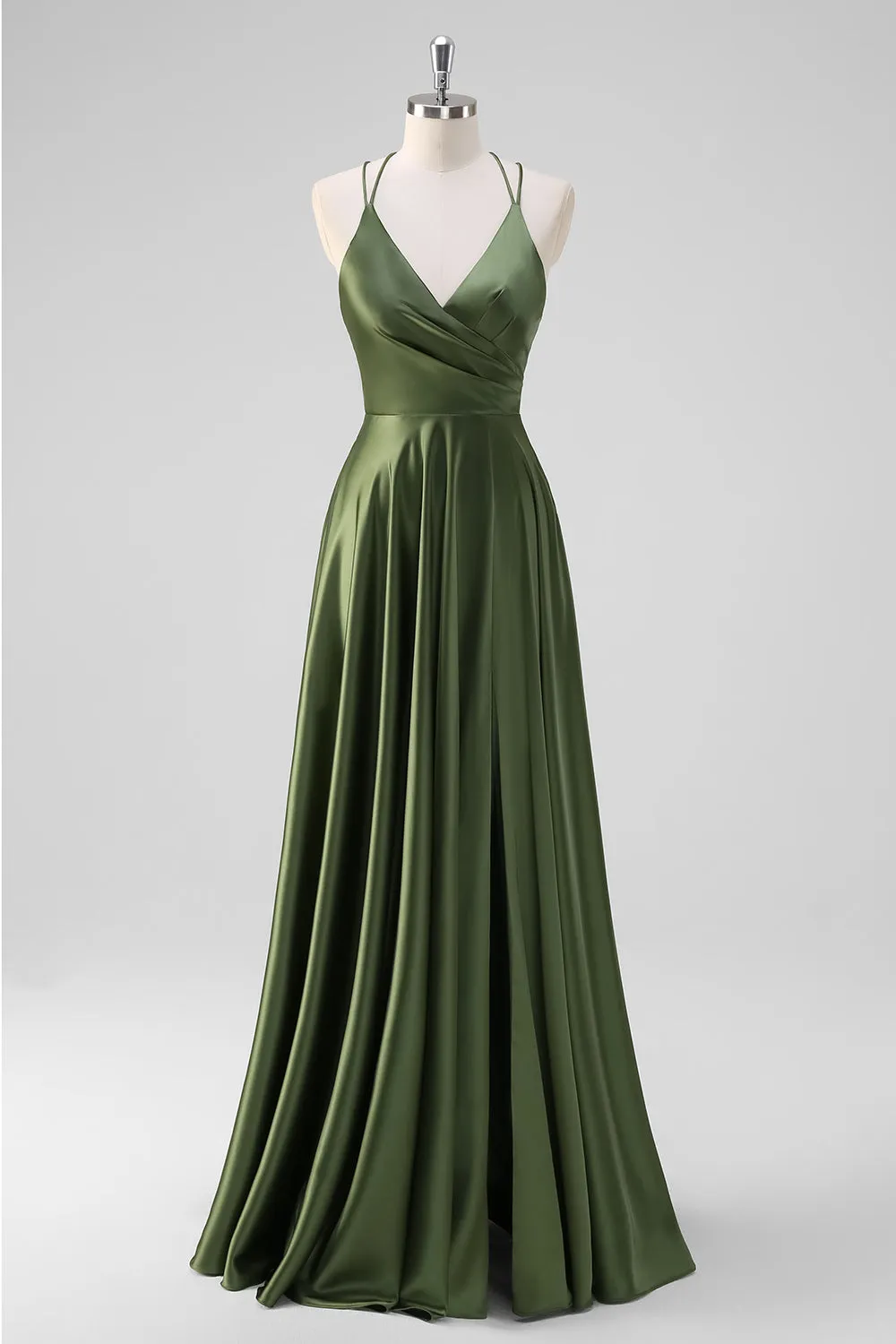 Olive A-Line Spaghetti Straps Ruched Satin Long Bridesmaid Dress sold by Wedtrend