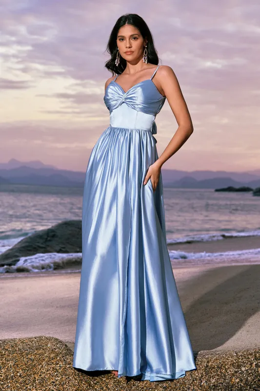 Sky Blue A-Line Spaghetti Straps Ruched Floor Length Bridesmaid Dress with Slit sold by Wedtrend