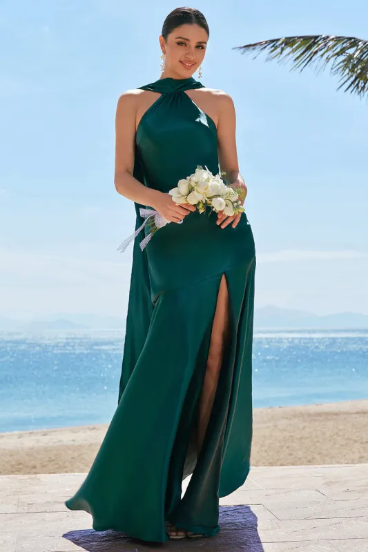 Mermaid Halter Floor Length Satin Dark Green Long Bridesmaid Dress sold by Wedtrend