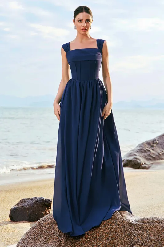 Dark Blue A-Line Square Neck Corset Lace Up Back Chiffon Long Bridesmaid Dress sold by Wedtrend