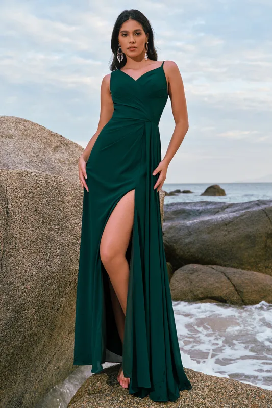 Dark Green A-Line Watteau Train Long Chiffon Bridesmaid Dress with Slit sold by Wedtrend