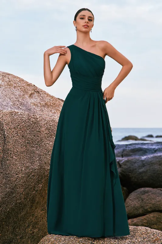 Dark Green One Shoulder Chiffon Pleated A-Line Long Bridesmaid Dress made by Wedtrend