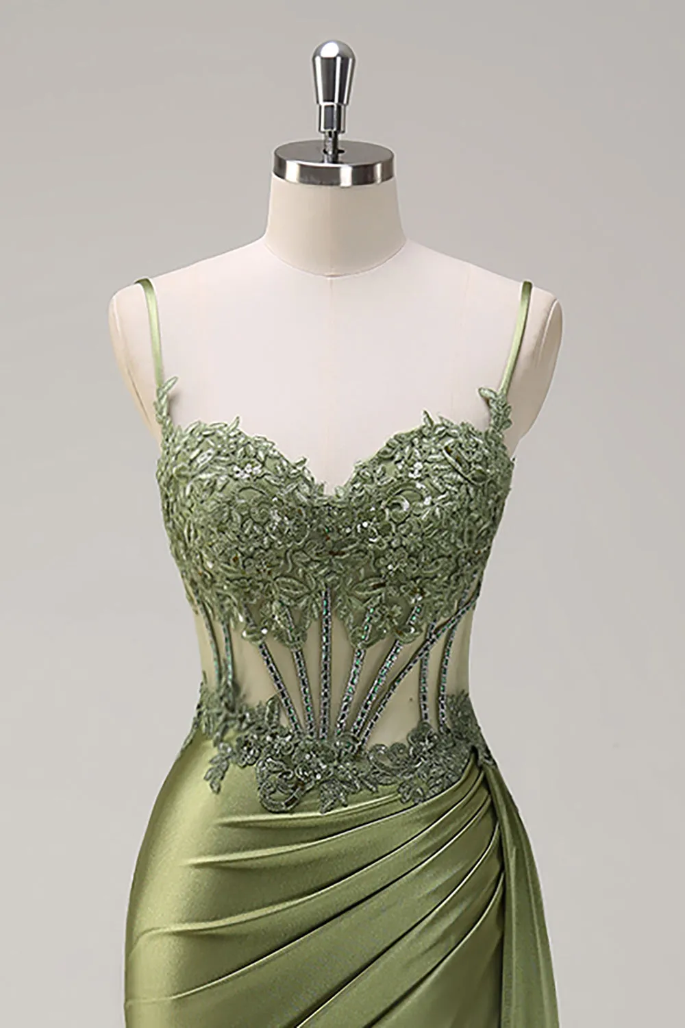 Green Mermaid Pleated Satin Corset Watteau Train Long Prom Dress With Slit sold by Wedtrend product image thumbnail 4