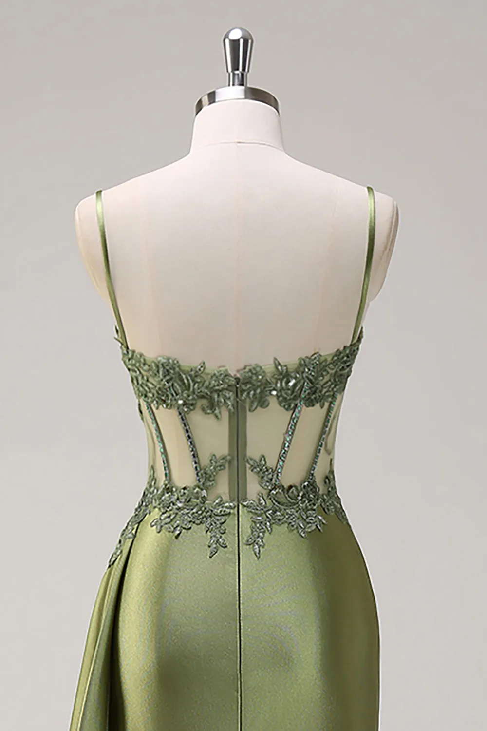 Green Mermaid Pleated Satin Corset Watteau Train Long Prom Dress With Slit sold by Wedtrend product image thumbnail 5