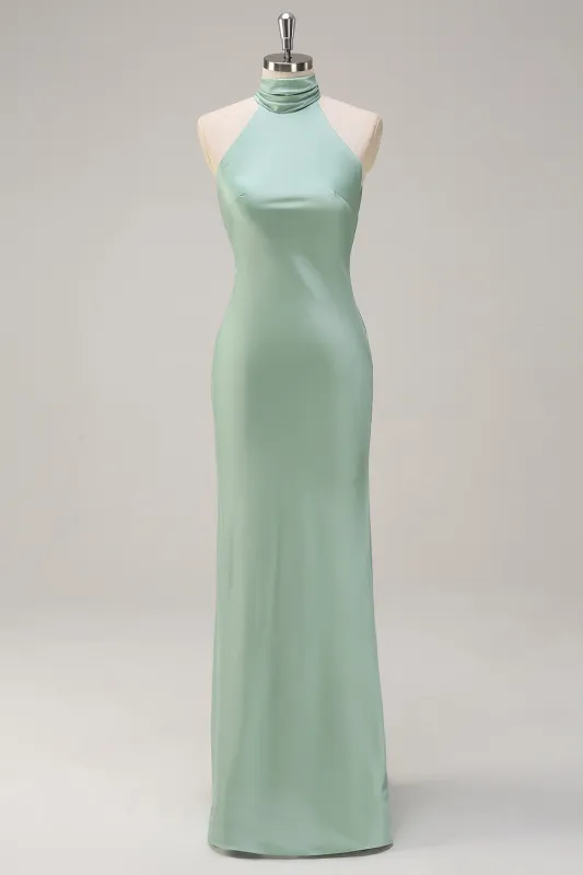 Agave Sheath Halter Satin Floor Length Bridesmaid Dress with Open Back made by Wedtrend