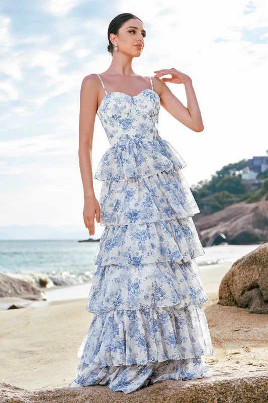 White Purple Flower A-Line Spaghetti Straps Tiered Corset Long Bridesmaid Dress made by Wedtrend