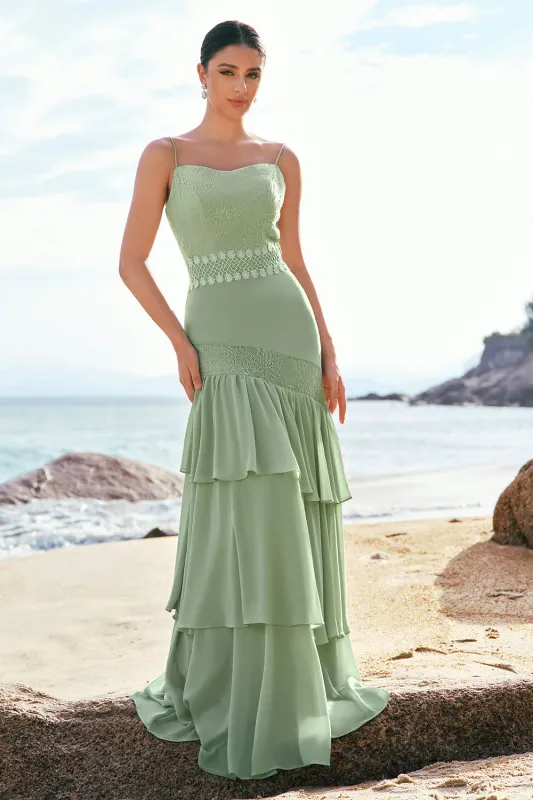 Green Sheath Ruffled Chiffon Long Bridesmaid Dress with Lace sold by Wedtrend