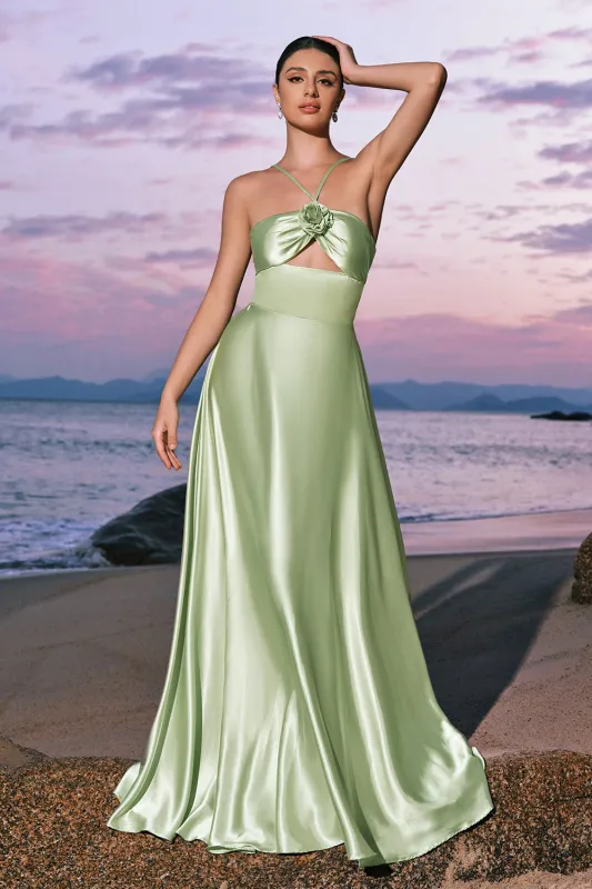 Light Green A-Line Halter Satin Hollow Out Long Bridesmaid Dress with Flower made by Wedtrend