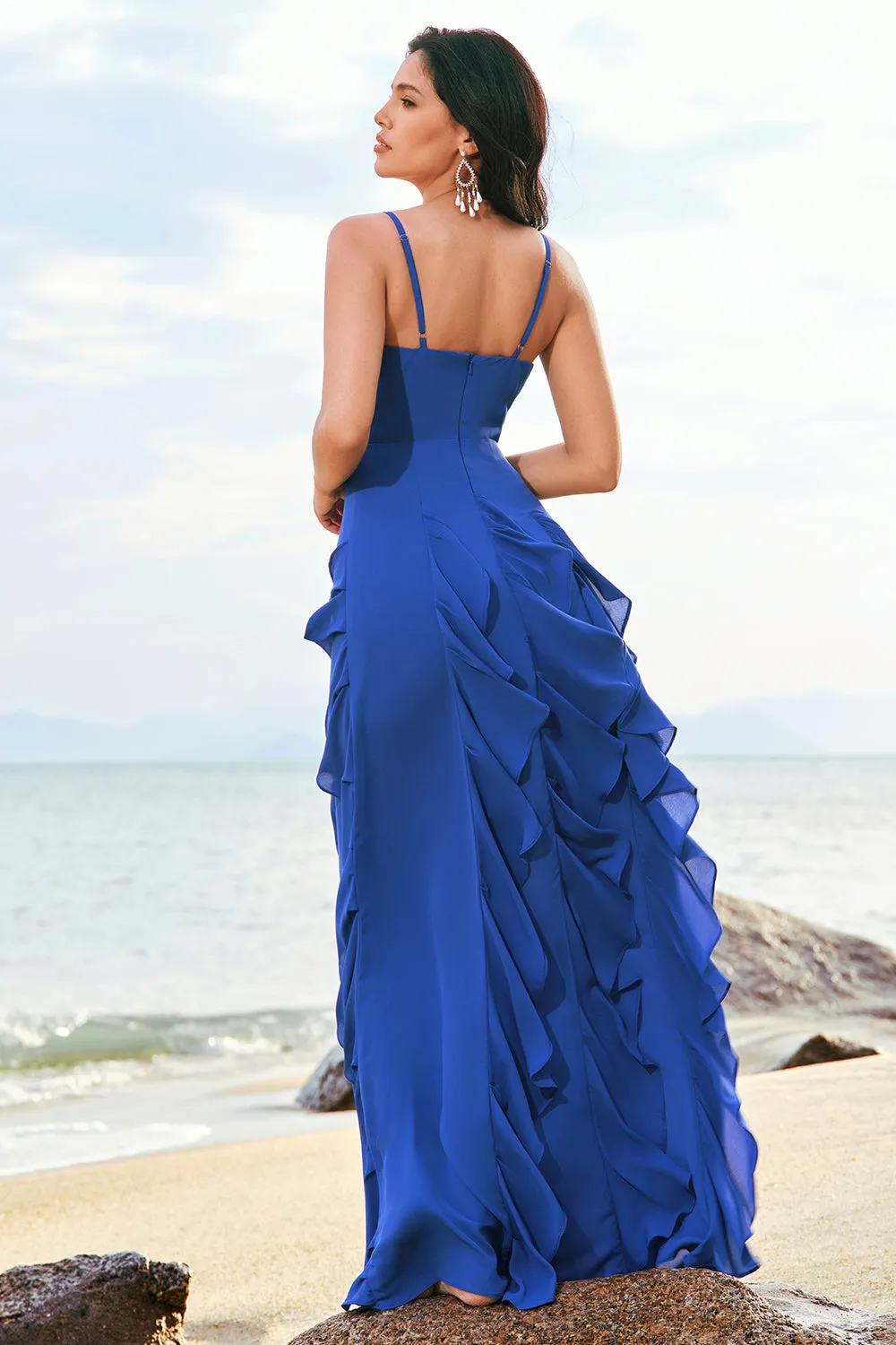 Dark Blue A-Line Spaghetti Straps Floor Length Bridesmaid Dress with Ruffles sold by Wedtrend product image thumbnail 2