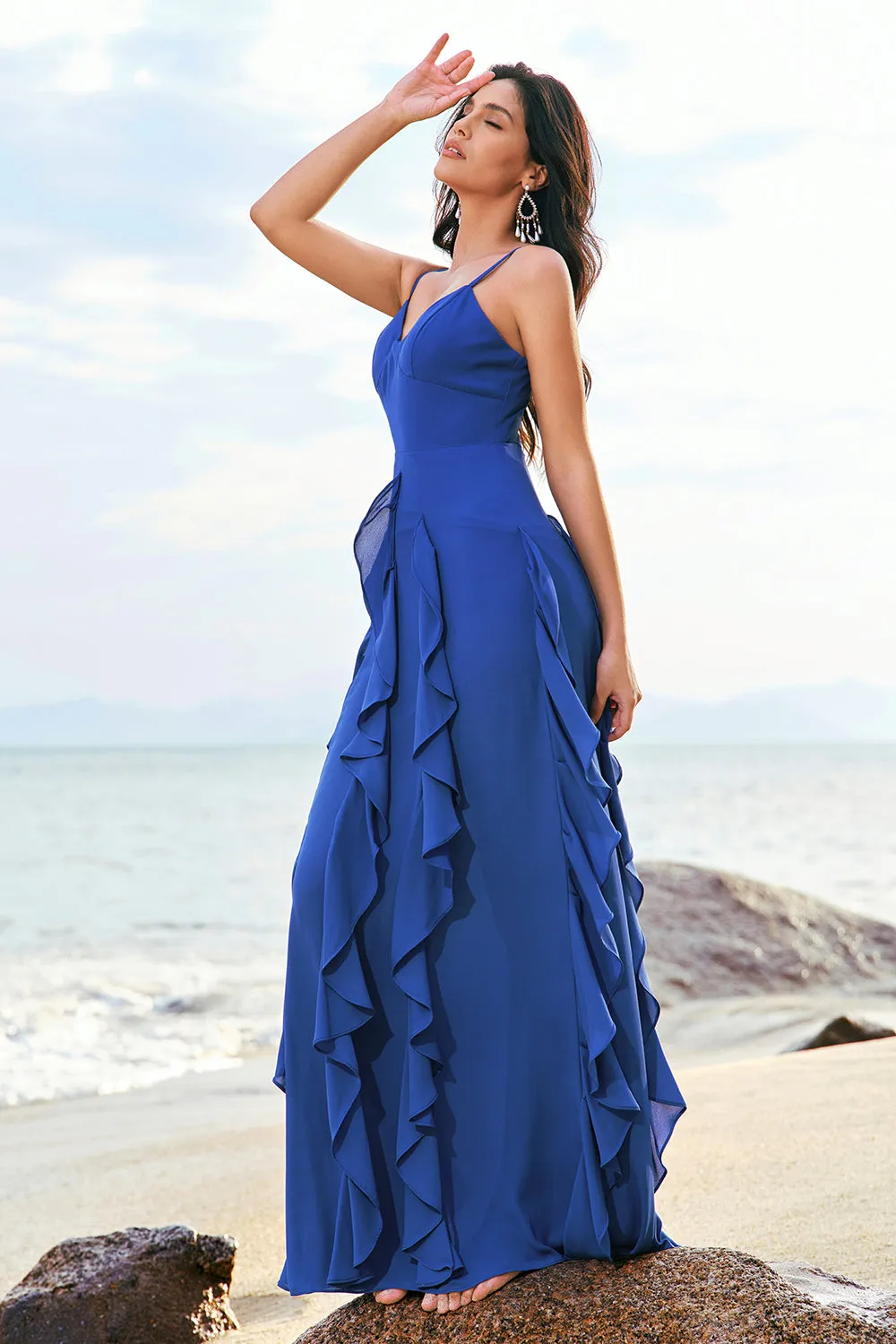 Dark Blue A-Line Spaghetti Straps Floor Length Bridesmaid Dress with Ruffles sold by Wedtrend product image thumbnail 3