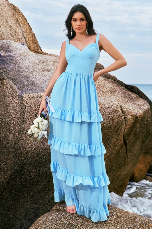 Blue A-Line V Neck Backless Chiffon Tiered Floor Length Bridesmaid Dress made by Wedtrend