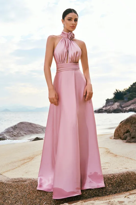 Pink A-Line Halter Pleated Satin Backless Long Bridesmaid Dress with Slit made by Wedtrend
