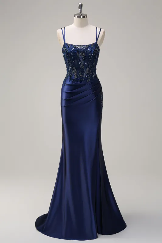 Navy Mermaid Pleated Corset Long Backless Sequin Prom Dress with Slit made by Wedtrend