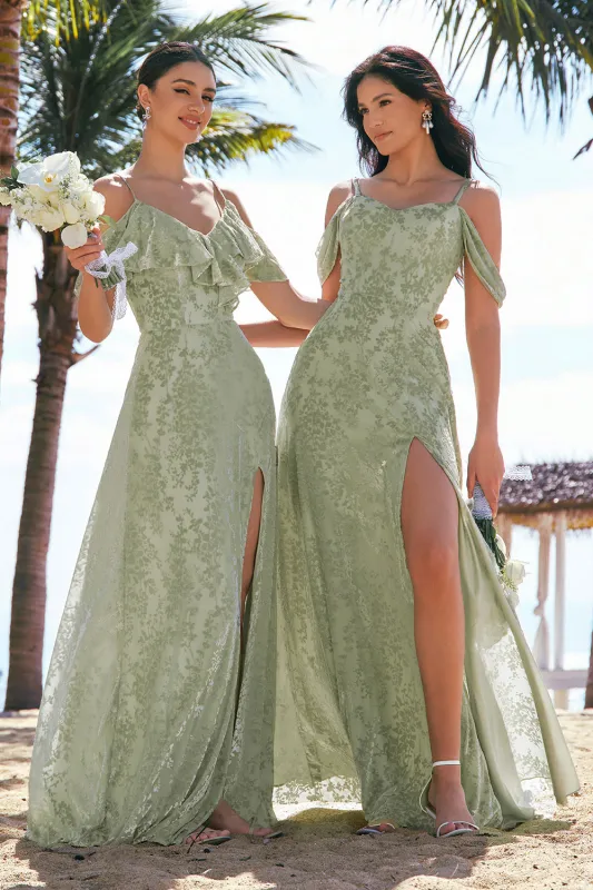 Dusty Sage A Line Cold Shoulder Burnout Velvet Floor Length Dress with Slit made by Wedtrend