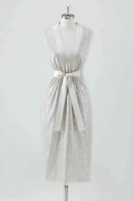 Champagne Sparkly Sheath V Neck Tea Length Holiday Party Dress with Bow sold by Wedtrend