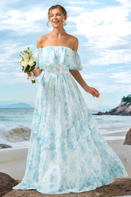 A Line Off The Shoulder White Blue Floral Tiered Long Bridesmaid Dress made by Wedtrend