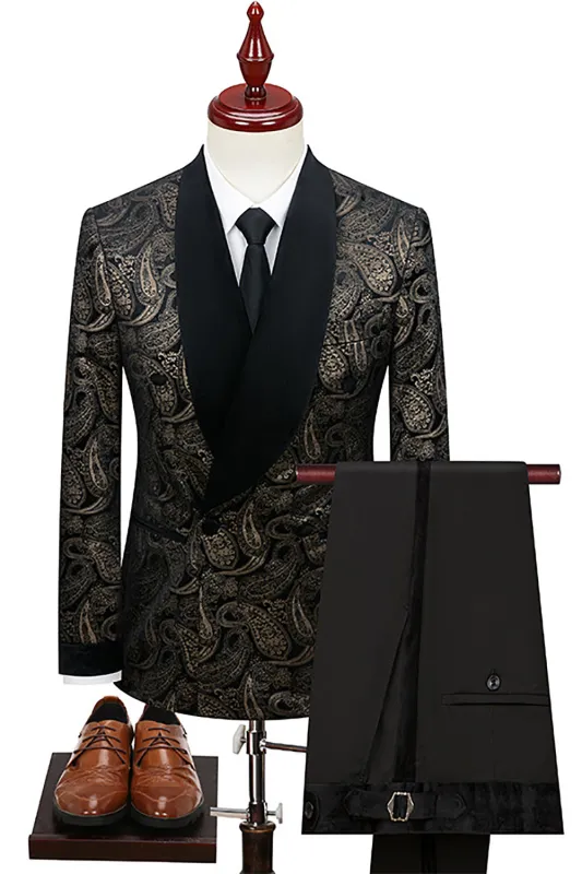 Black Golden Silm Fit Jacquard 2 Piece Shawl Lapel One Button Men's Prom Suits made by Wedtrend
