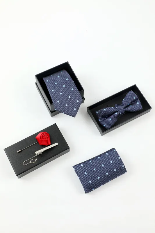 Men's Navy 5-Piece Accessory Set Tie and Bow Tie Pocket Square Flower Lapel Pin Tie Clip made by Wedtrend