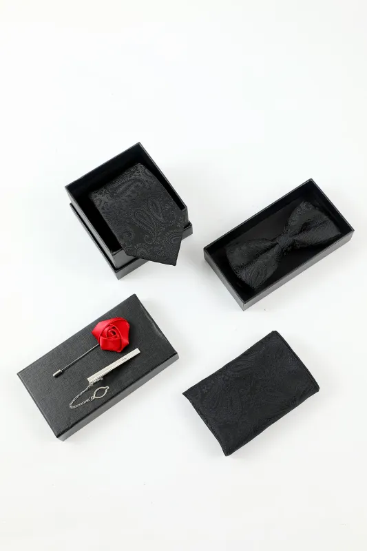 Men's Black Jacquard 5-Piece Accessory Set Tie and Bow Tie Pocket Square Flower Lapel Pin Tie Clip made by Wedtrend