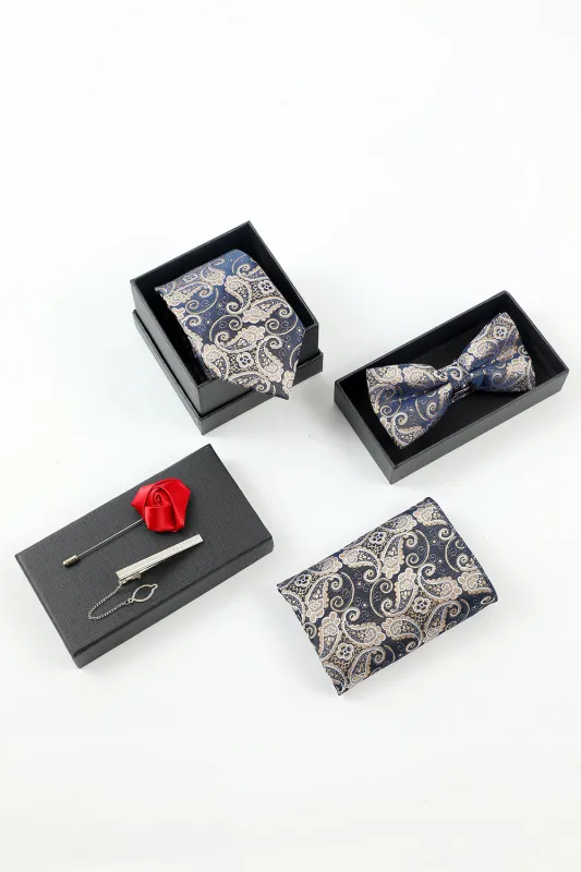 Men's Navy Jacquard 5-Piece Accessory Set Tie and Bow Tie Pocket Square Flower Lapel Pin Tie Clip sold by Wedtrend