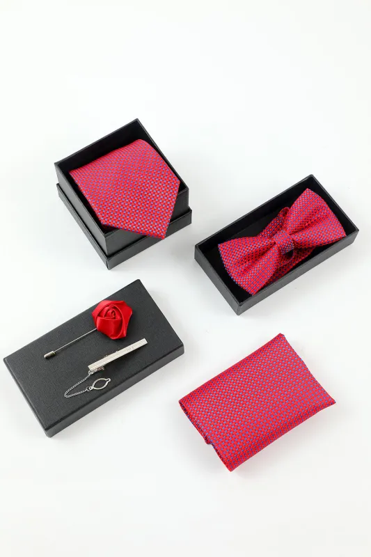 Men's Fuchsia 5-Piece Accessory Set Tie and Bow Tie Pocket Square Flower Lapel Pin Tie Clip made by Wedtrend
