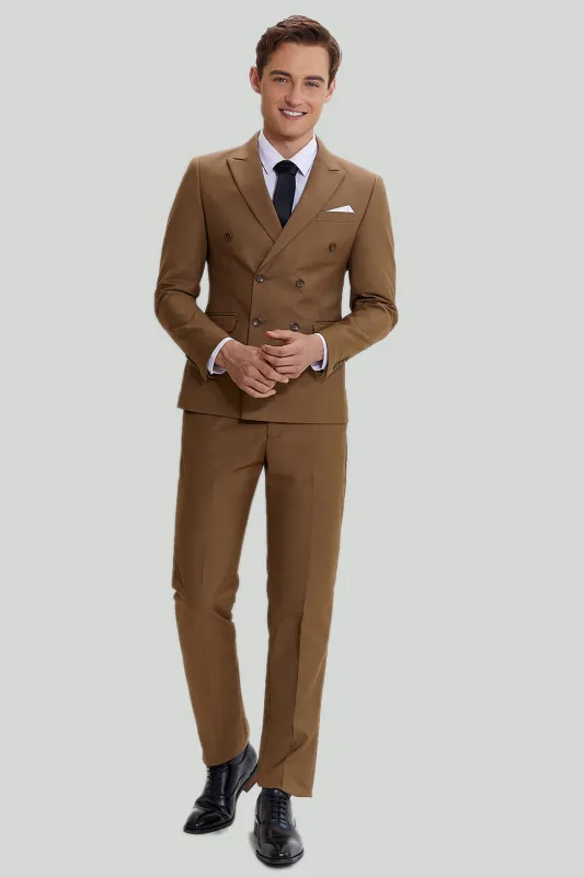 Men's Khaki 2 Piece Double Breasted Slim Fit Peak Lapel Prom Suits sold by Wedtrend