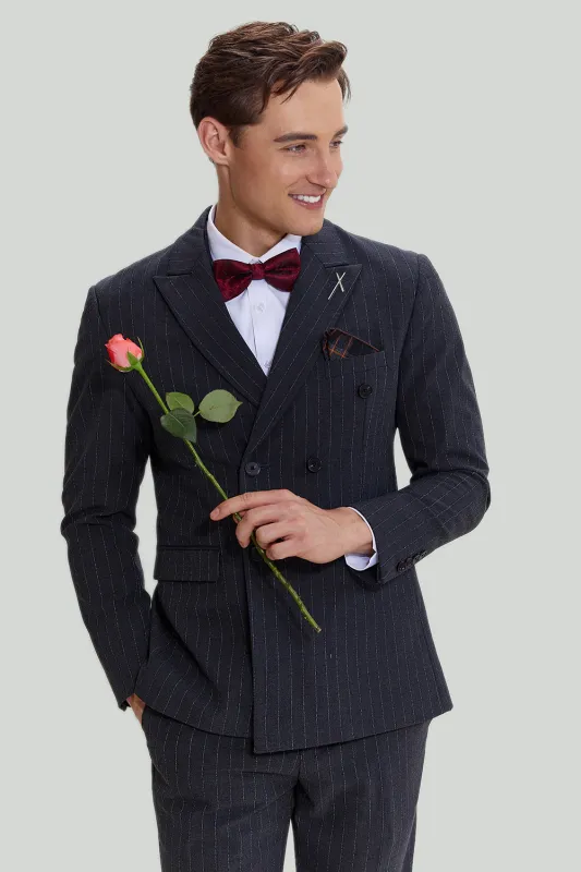 3 Piece Pinstripe Dark Grey Peak Lapel Men's Wedding Suit made by Wedtrend