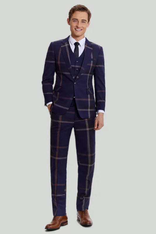 3 Piece One Button Navy Plaid Tuxedo Notched Lapel Men's Wedding Suit made by Wedtrend