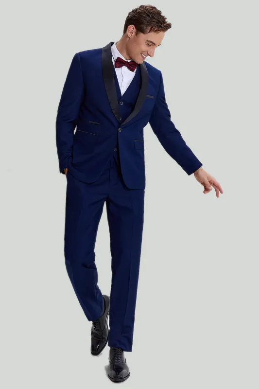 Men's Navy 3-piece One Button Slim Fit Shawl Lapel Party Suits made by Wedtrend