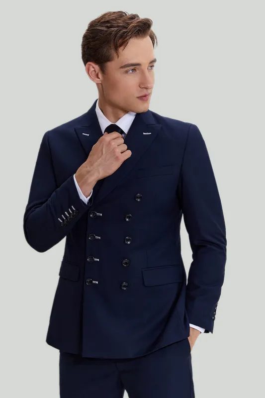 Men's Navy 2 Piece Double Breasted peak lapel Prom Suit sold by Wedtrend