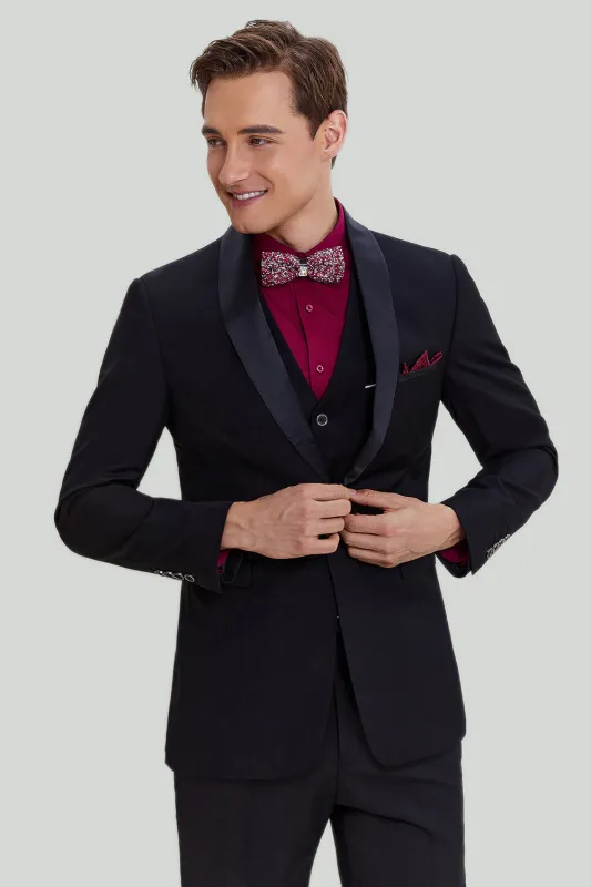 Men's Black 3 Piece Slim Fit Shawl Lapel Wedding Suit made by Wedtrend