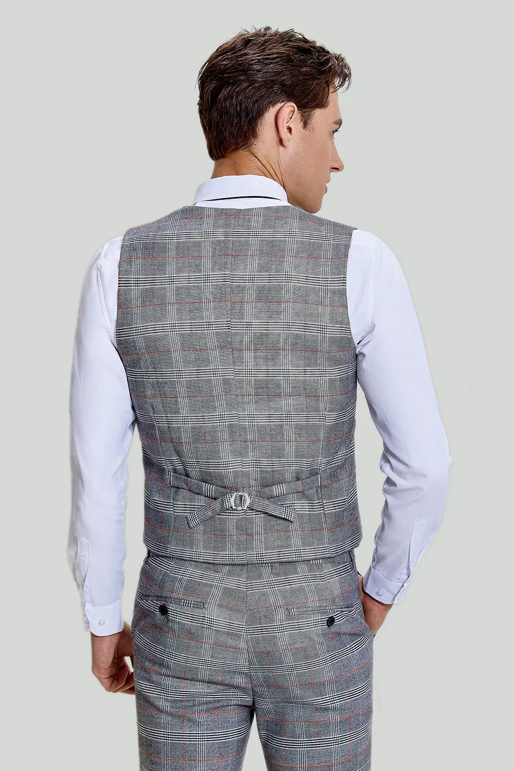 Men's Grey Plaid Wide Peak Lapel 3 Piece Single Breasted Wedding Guest Suits sold by Wedtrend product image thumbnail 5
