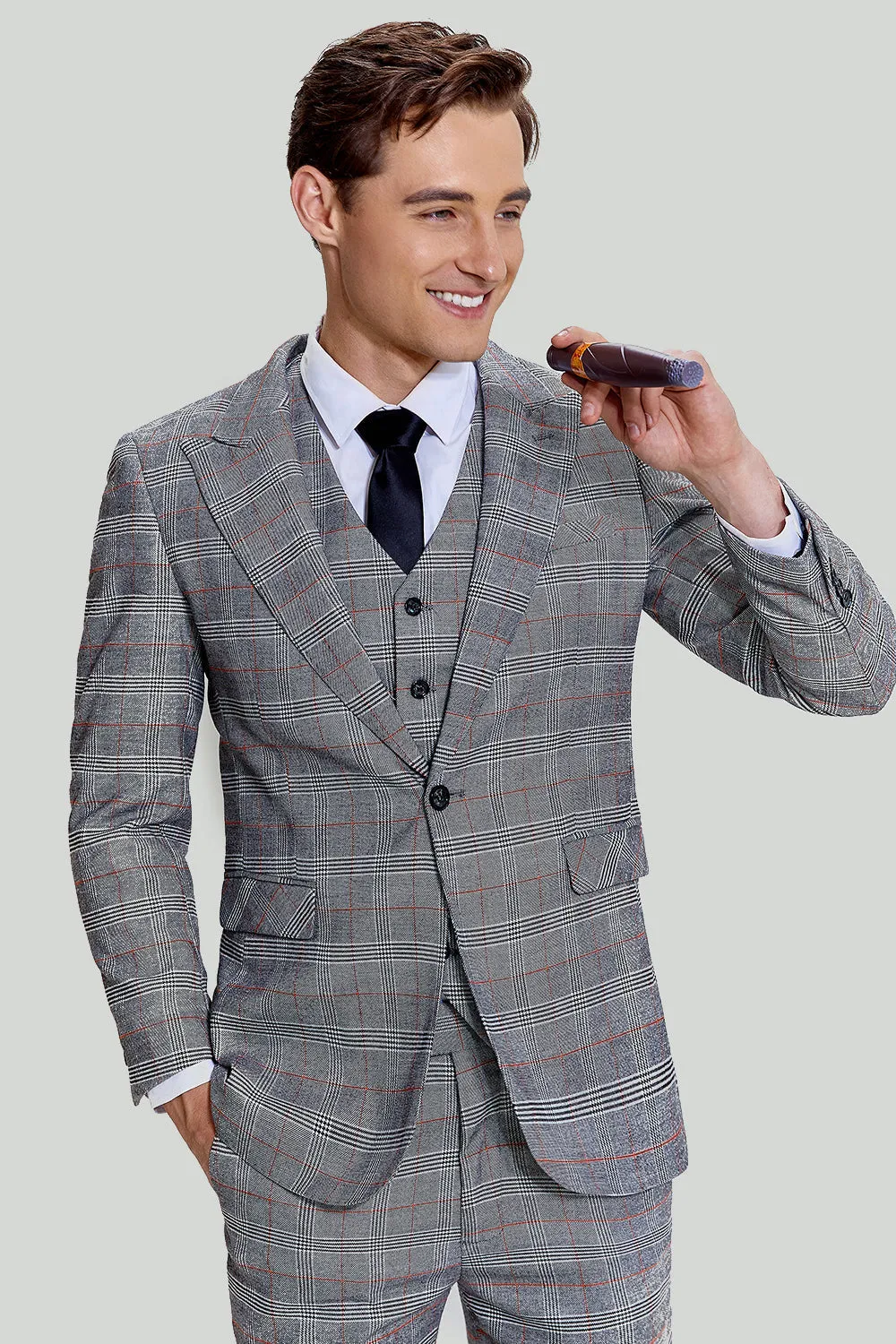 Men's Grey Plaid Wide Peak Lapel 3 Piece Single Breasted Wedding Guest Suits sold by Wedtrend product image thumbnail 3