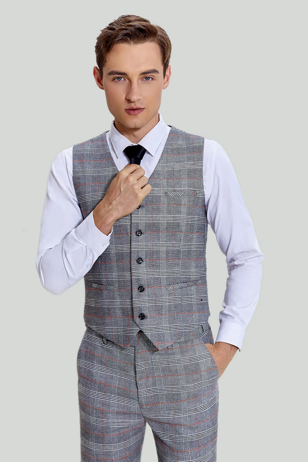 Men's Grey Plaid Wide Peak Lapel 3 Piece Single Breasted Wedding Guest Suits sold by Wedtrend product image thumbnail 4