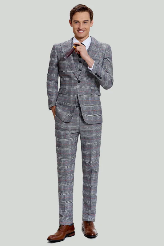 Men's Grey Plaid Wide Peak Lapel 3 Piece Single Breasted Wedding Guest Suits sold by Wedtrend