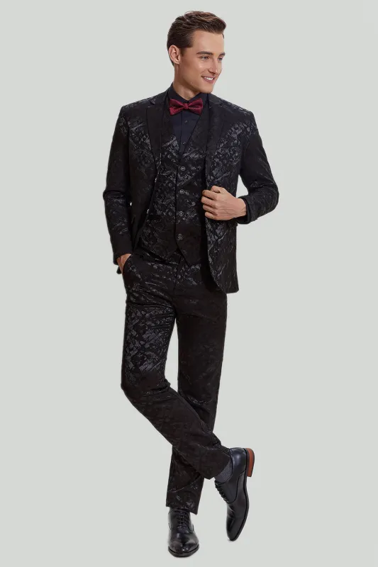 Black 3-piece Jacquard Notched Lapel Jacket Vest Pants Men's Wedding Suit sold by Wedtrend