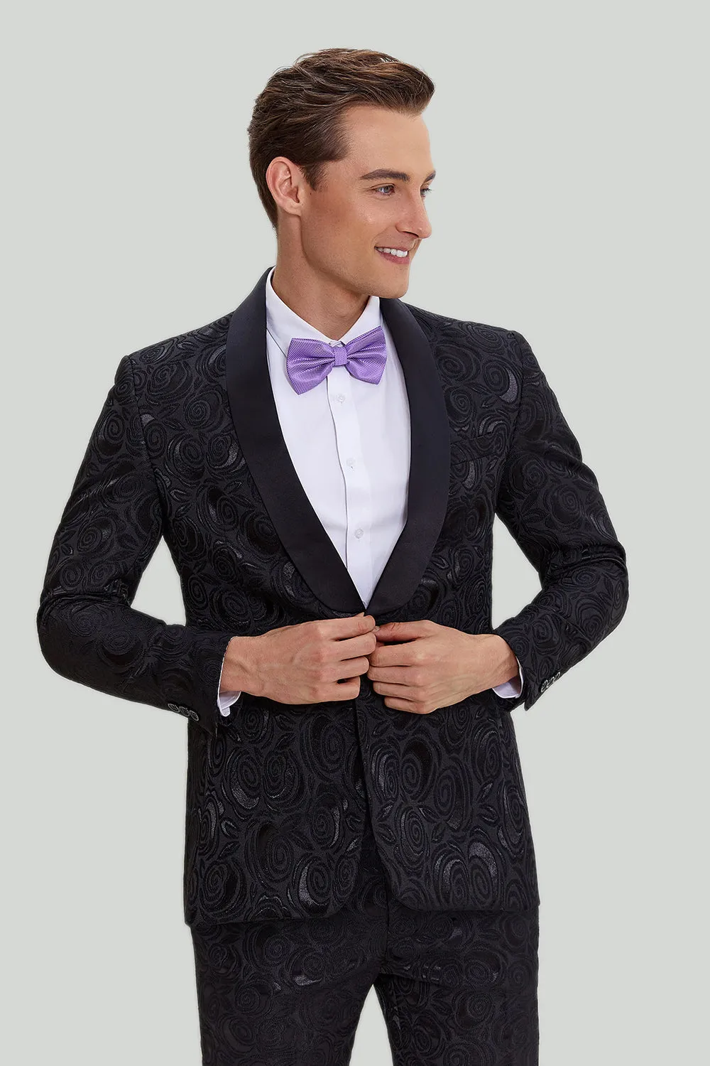 Black 2 Piece Jacquard Shawl Lapel One Button Fit Men's Wedding Suit Set sold by Wedtrend