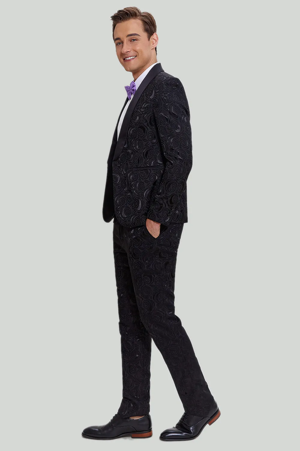 Black 2 Piece Jacquard Shawl Lapel One Button Fit Men's Wedding Suit Set sold by Wedtrend product image thumbnail 4