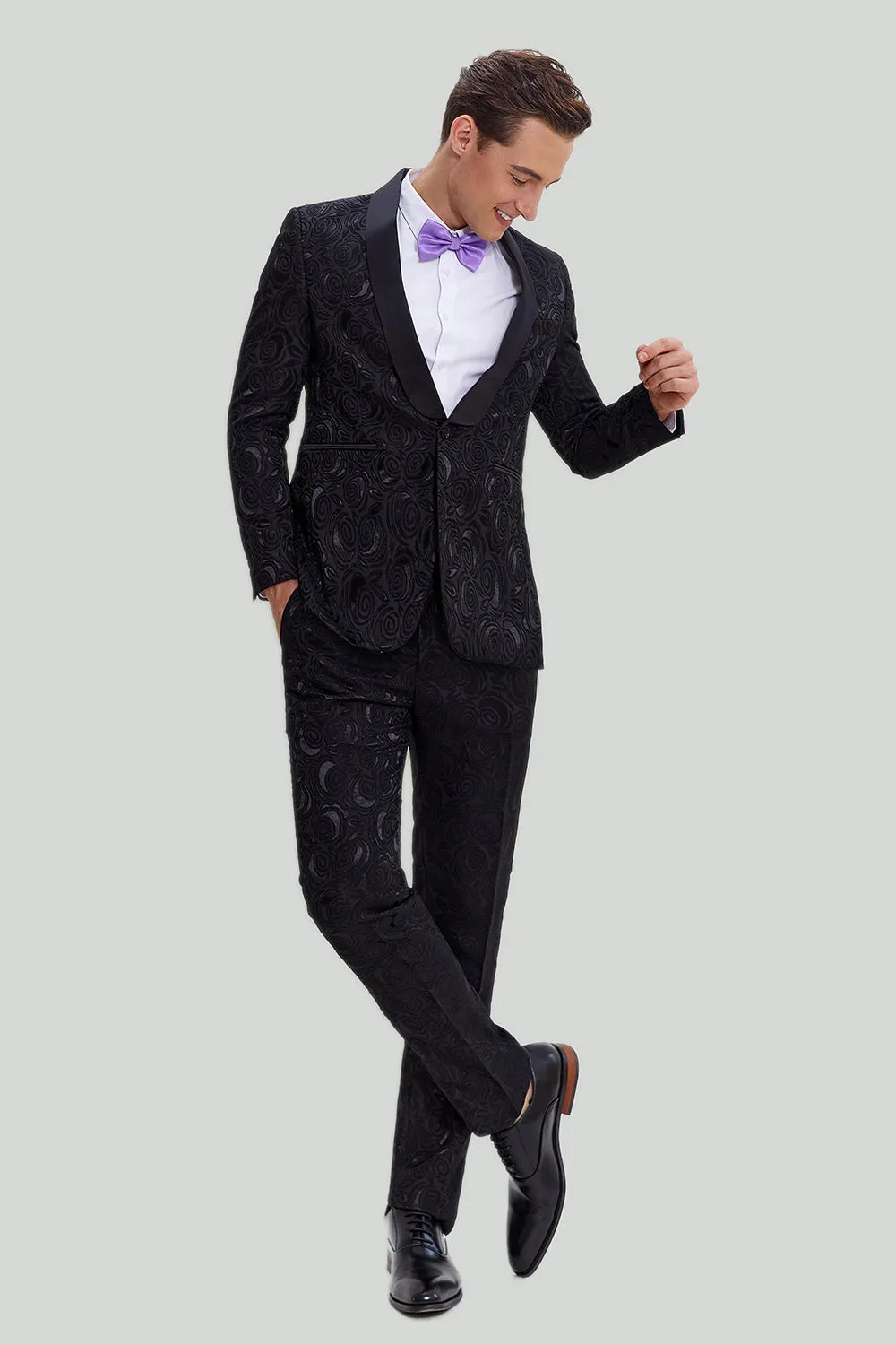 Black 2 Piece Jacquard Shawl Lapel One Button Fit Men's Wedding Suit Set sold by Wedtrend product image thumbnail 3