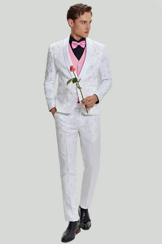 Men's White One Button Satin 2 Piece Shawl Lapel Wedding Suits made by Wedtrend