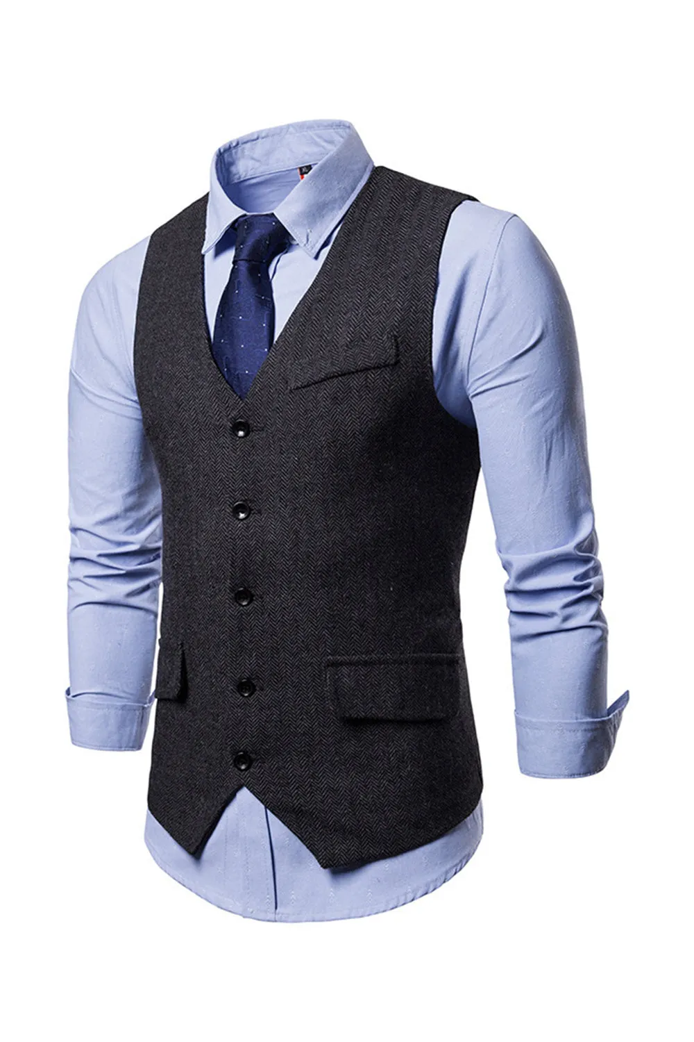 Men's Single Breasted V-Neck Black Suit Vests sold by Wedtrend product image thumbnail 3