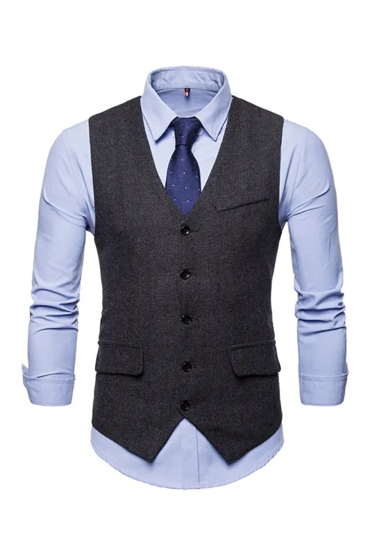 Men's Single Breasted V-Neck Black Suit Vests sold by Wedtrend