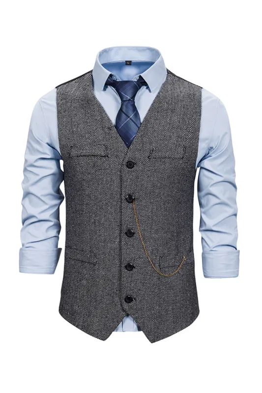 Men's V Neck Single Breasted Grey Casual Vest sold by Wedtrend