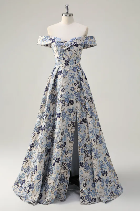 Blue Floral A-Line Strapless Pleated Long Prom Dress With Slit made by Wedtrend